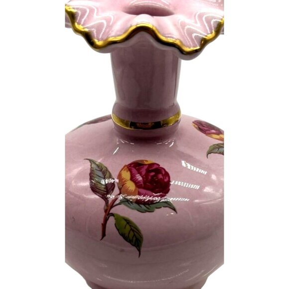Vintage Pink Ceramic Rose Vase With Gold Detailing & Scalloped Rim 4"H X 3" W - Picture 2 of 6